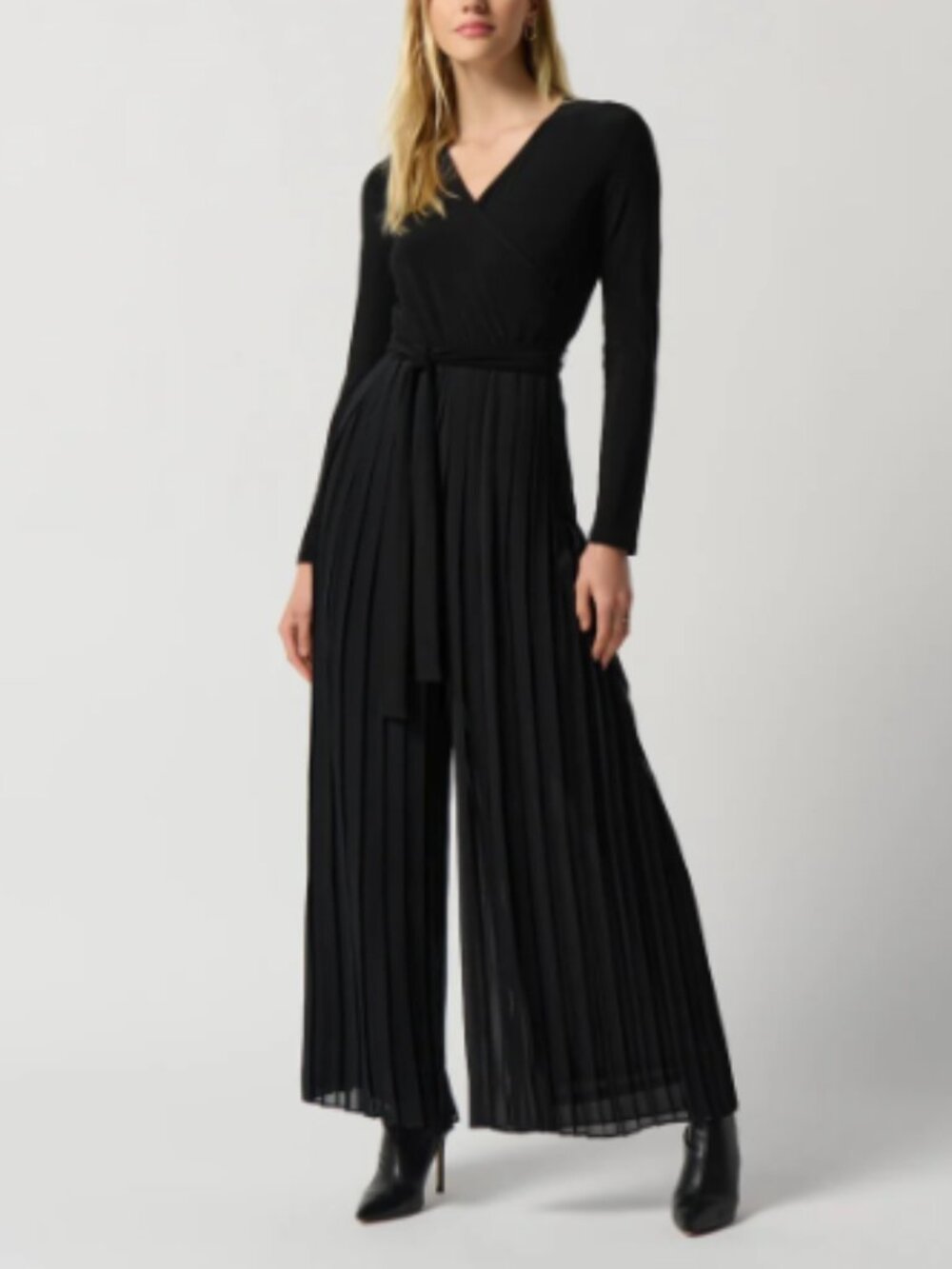 NWT! Joseph Ribkoff Black Pleated Chiffon Wide-Leg Wrap Jumpsuit Size 10 Formal